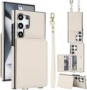 SLLMYYX for Samsung Galaxy S25 Ultra Case with RFID Blocking Card Holder Crossbody Lanyard Strap Leather Wallet Case with Magnetic Clasp Protective Cover for Galaxy S25 Ultra, White