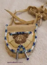 Medicine Bag,Turtle Amulet not endanger, beads,shell, deer leather, tins (tab26)