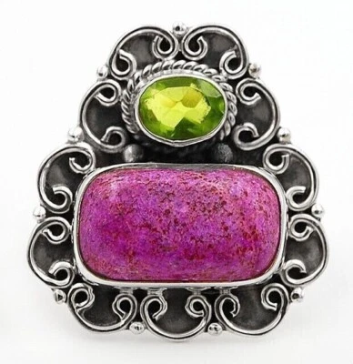 Natural Variscite In Purpurite & Peridot 925 Sterling Silver Ring Sz 6.5