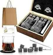Whiskey Stones and Whiskey Glass Gift Box Set - 8 Granite Chilling Whisky Rocks + 2 Glasses in Wooden Box for Men Father's Day Dad's Birthday