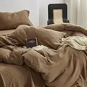 Erwinmu Muslin Duvet Cover Set 100% Cotton Queen Size,Double-Layer Linen Like Gauze Comforter Cover Brown 3 Pieces,Okeo-tex 100 Certified Duvet Cover 90"x90" with 2 Pillowcases for All Season
