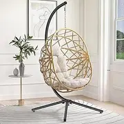 SWITTE Hanging Egg Chair with Stand, Outdoor Egg Swing Chair with Stand, Indoor Wicker Hammock Chair with Cushion for Patio, Garden-Cream