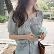 Puff Short-Sleeve Square-Neck Gingham Blouse Mint Green - S