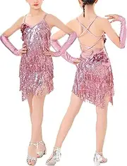 [Happy Cherry] Sequins Tassel Latin Dance Dress for Girls 1920s Flapper Cocktail Party Dresses Rumba Ballroom Costumes