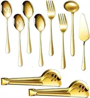 ROLMZJX Gold Cutlery Serving Set,Stainless Steel Flatware Serving Utensils Large Serving Spoon Set of Metal Tongs,Slotted Spoons,Buffet Salad Serving Spoons Fork,Cake Slice Cutter(10 PCS)
