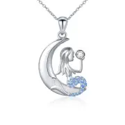 Mermaid Necklace S 925 Sterling Silver Sea Mermaid Crescent Moon Princess Pen...