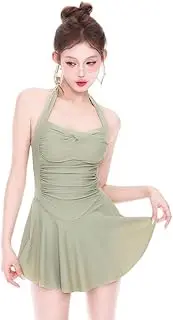 [TTYAO REII] Halter Neck One-Piece Swimsuit Dress for Women Tummy Control Bathing Suit Slimming Swimwear for Hot Spring, Green, Small-Medium Short