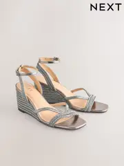Pewter SIlver Forever Comfort® Square Toe Strappy Espadrille Wedges (AL5790) | $79