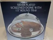 Godinger Silver Plated Screened Dome With 13" Round Tray Butterfly Dragonfly.