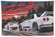 QEOPGNE Japanese R32 Sport Car Tapestry Anime Retrowave Car Wall Art Jdm Racing Car Wall Decor Car Room Decor for Man Cave Garage Office Dormitory Bedroom Wall Hanging Tapestries 40"x60"
