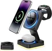 [Terravoltz] 3 in 1 Wireless Charger, Magnetic Charging Station with Light for Apple Multiple Devices, Foldable Fast Wireless Charger for iPhone 16/15/14Pro & Max Series, AirPods Pro/3/2, Apple Watch