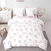 Erosebridal Cute Bowknot Kids Bedding Sets Pink Bow Princess Twin Comforter Set Watercolor Bow Knot(Comforter+Fitted+Flat Sheet+2 Pillowcases+2 Throw Pillow Covers) 7 Pieces Pink White Bed Set