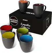 MIAMIO - 6 x 350 ml Stoneware Coffee Mug/Cup Set - Le Papillon Collection (Black-Multicolor)