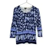 Talbots Blue India Ink Medallion Bird Toile Sweater Small 3/4 Sleeve Pullover