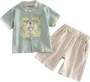 [AIMALL] Hanfu Boys' Tang Suit Summer Short-Sleeved Cotton Linen Two-Piece Set - Chinese Style Children's Clothing, Sizes 39-55 inches
