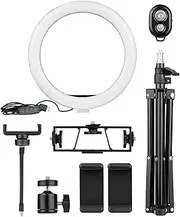 10 Inch Ring Light Selfie Beauty Light USB P graphy Light 3 Lig ng Modes Dimmable with 3pcs Phone Holders + Ballhead Adapter + 72cm Tripod Stand + Remote S er for Live Streaming Online Black One Size