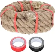 sourcing map Jute Rope 1.5 Inch x 10ft, Heavy Natural Thick Twisted Rope with 2 Roll Tapes for Crafts Railing Docks Tug of War Swing Nautical Landscaping