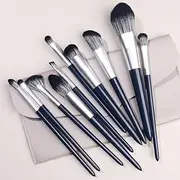 Makeup Brush Set 10 Pcs Premium Synthetic Foundation Powder Concealers Eye shadows Blush Nvay Blue Makeup Brushes with Grey Storage Bag