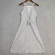 London Times Dress Women's 6 Black White Striped Keyhole Front Halter Tie NWT
