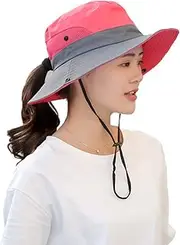 [HSELL] Womens UV Protection Wide Brim Sun Hats - Cooling Mesh Ponytail Hole Cap Foldable Travel Outdoor Fishing Hat