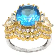 De Buman 10.40ctw Genuine Swiss Blue Topaz Solid 18KY & 925 Silver Ring Size 7