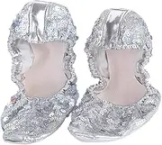 [GLSTOY] Dancing Shoes Photo Foldable Heels Ankle Sequin Gym Shoes Red Slippers Dance Socks Trinket Sparkly Sandals Sneakers Accessories Ballet Shoes Round Plate Shoes Golden