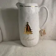 Mud Pie White W/ Gold Christmas Tree “ Believe” Stoneware Pitcher 64 Oz