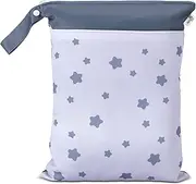 BebeBiu Cloth Diaper Wet Bags – Waterproof & Reusable Bag with 2 Zippered Pockets, 100% Polyester with Handle, Perfect for Stroller, Travel, Baby Essentials & Breast Pump Storage (Blue Star)