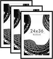 Abtgt 24x36 Poster Frame Set of 3, Display Pictures 20 x 30 with Mat or 24 x 36 Without Mat, Picture Frame for Wall Mounting Display, Black