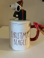 Rae Dunn Peanuts Snoopy Christmas Beagle Coffee Mug / Candy Jar W Gift Topper