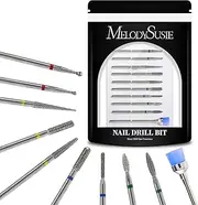 MelodySusie 10pcs Nail Drill Bits Set, 3/32 Inch Diamond Cuticle Nail Bits Kit for Nail Drill E-File, Manicure Pedicure Remover Tools for Acrylic Gel Nails, Salon Home Nail Care Supplies, Silver