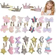 32 PCS Girls Hair Clips For Kids,Toddler Hair Accessories,Hair Accessories Set For Girls,Sparkly Heart, Star, Crown Metal Clip,Children Cartoon Metal,Kid Styling Hairpins,For Kids Teens Women