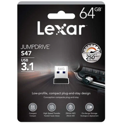 Lexar 64GB JumpDrive S47 Plug N Stay USB 3.1 Flash Drive Memory Stick Pen Drive