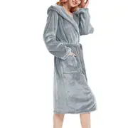 Long Hooded Robe for Women Flannel Fleece Full Length Bathrobe Shower Nightgown-Grey