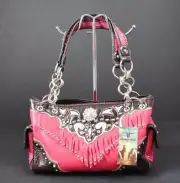 Heritage West Fuchsia Pink Fringe Rhinestone Concho Stud Shoulder Handbag B10