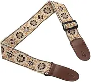 uxcell Guitar Strap, Cotton Webbing Leather Ends Straps Vintage Embroidered 2" Wide Adjustable Straps with Black Plastic Buckle for Acoustic, Electric, Bass Guitars, Beige-White Pattern