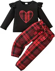 [BomDeals] Toddler Baby Girl Valentine Christmas Outfit - Love Heart Print Clothes Long Ruffle Sleeve Shirt Red Plaid Pant Set