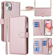 Cavor for iPhone 15 Case 6.1 inch PU Leather Folio Flip Wallet Back Cover Magnetic Case with Long Shoulder Lanyard Zipper Coin Purse 9 Card Holder Kickstand Wristlet Strap-Rose