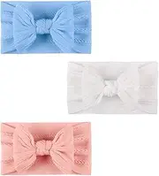 Homiliky 3 Pieces Baby Headband Elastic Baby Turban Headband Baby Hair Bands Newborn Headbands Stretchy Nylon Baby Bow Headband Soft Wide Baby Headbands for Kids Toddlers (Light color, M)