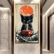 Japanese Black Cat Painting Ramen Noodles Art Print Unique Japandi Style Wall Decor Gift