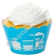 12 Blue with white Train Printed Cupcake Cases Wrappers Boy Baby Shower Trains