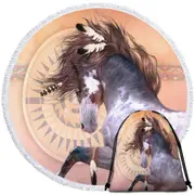 Native American Spirit White Black Pinto Horse Round Beach Towel