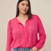 Torrid Womens Chiffon Clip Dot Button Front Blouse Plus 1X Pink Sheer Top NEW