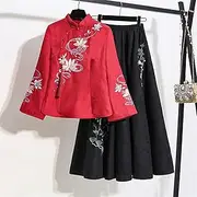 [SMDSAZ] Two-Piece Tang Suit Embroidery Long-Sleeved Chinese Style Thin Hanfu Female Suit (Color : Set, Size : XXXL)