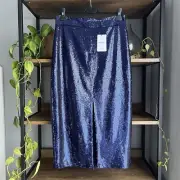 Reiss Dakota Sequin Pencil Skirt 12 Blue Midi Front Split Pockets New with Tags