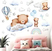Amimagen Tedy Bear Sleeping Wall Decals - Moon and Stars Hot Air Balloon Wall Stickers - Girls Bedroom Baby Nursery Kids Room Wall Decor