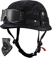 Motorbike Half Helmet Vintage Leather Open Helmet with Goggles Half Shell Helmet for Adult Men Women Street Racing Motorcycle Chopper DOT/ECE Approved