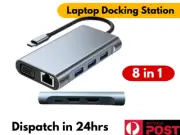 8 in 1 Laptop Docking Station Type-C Dual HDMI Hub Adapter USB C Triple Display