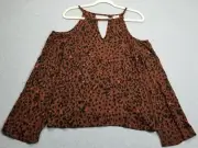 NEW Mossimo Top Women Medium Brown Black Leopard Print Long Sleeve Cold Shoulder