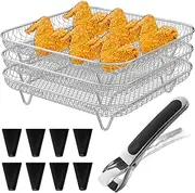 3 Layer Air Fryer Rack,8x8 inch Air-Fryer Rack Accessories With 8 Silicone Feet 1 Anti-Scald Clip,Stainless Steel Grill Dehydrator Rack,Stackable Grill Dehydrator Rack For 5L-7.5L Air Fryers